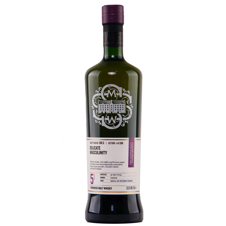 A dark green bottle of SMWS 138.5 Delicate Masculinity, a rare 5-year-old cask strength Taiwanese single cask whisky, features a detailed white logo and cream label, displayed against a white background.