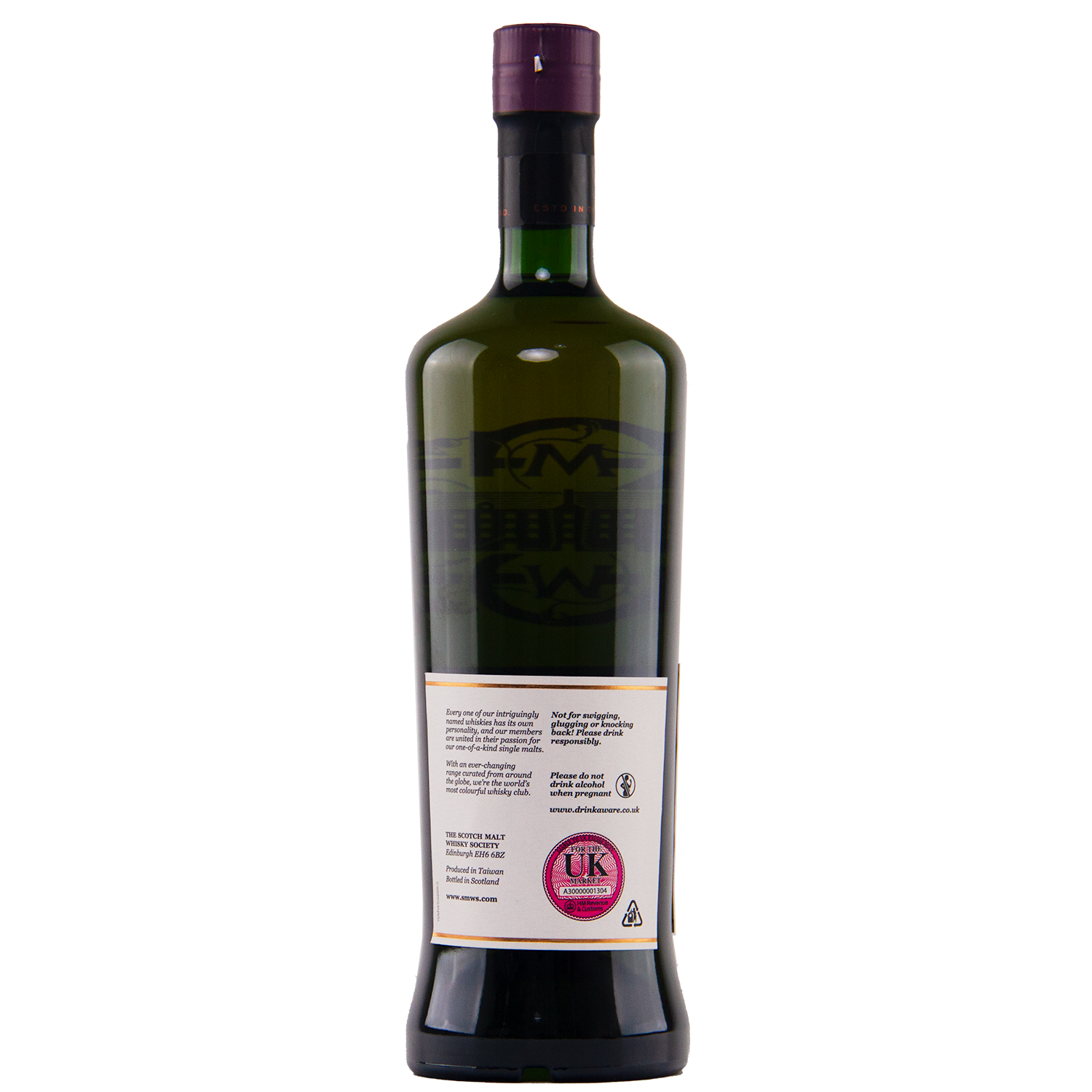 A dark green glass bottle with a tall neck and purple cap is shown from the back. The pink UK duty stamp and recycling icon on the label identify it as SMWS 138.5 Delicate Masculinity whisky from the Scotch Malt Whisky Society. Plain white background.