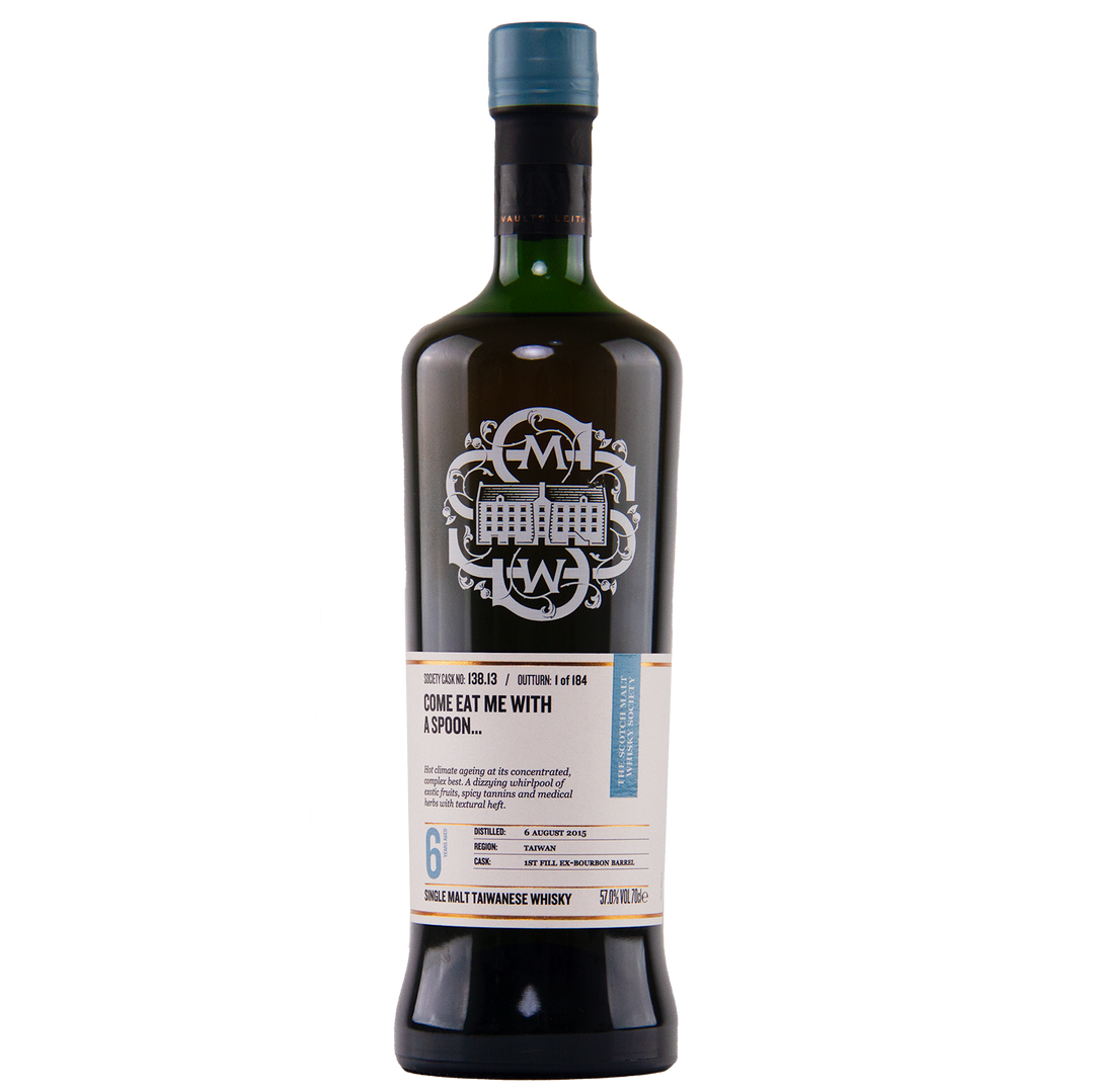 A dark green bottle of SMWS Cask No. 138.13 Come Eat Me With a Spoon…, with a white and blue label and logo, is shown against a plain white background.
