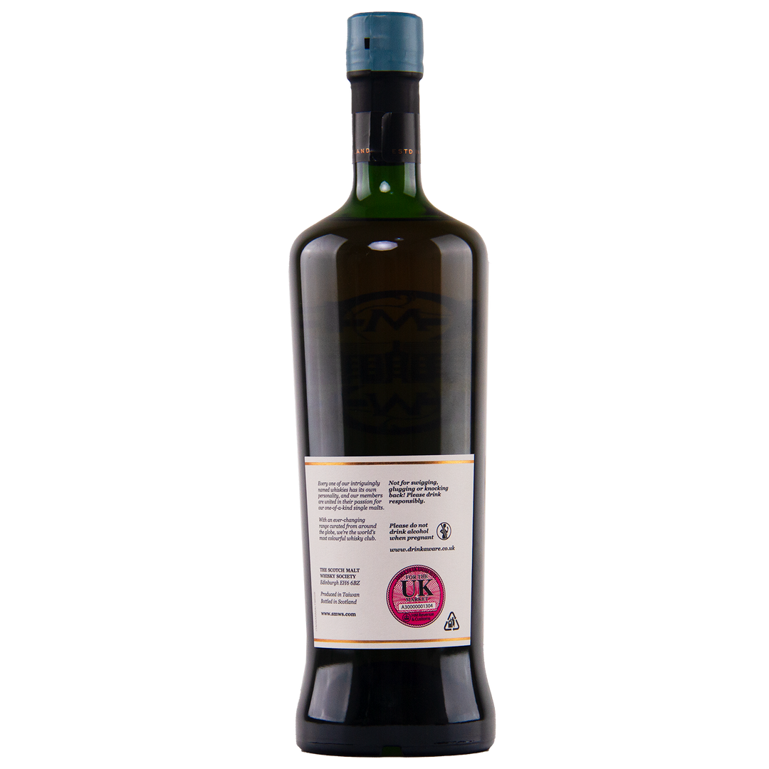 A dark green glass bottle of SMWS Cask No. 138.13 Come Eat Me With a Spoon… Taiwanese single cask whisky, shown from the back with a pale label, UK spirits sticker near the bottom, blue cap, and set against a plain white background.