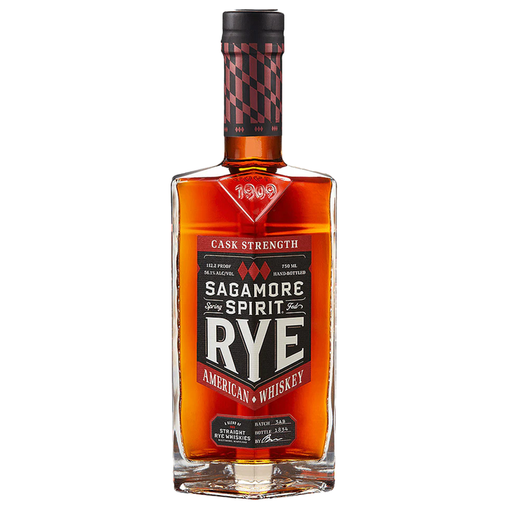 A bottle of Sagamore Spirit Cask Strength American Rye Whiskey, with a red and black label marked “Cask Strength” and “RYE,” plus a geometric patterned cap—showcasing this premium rye whiskey.