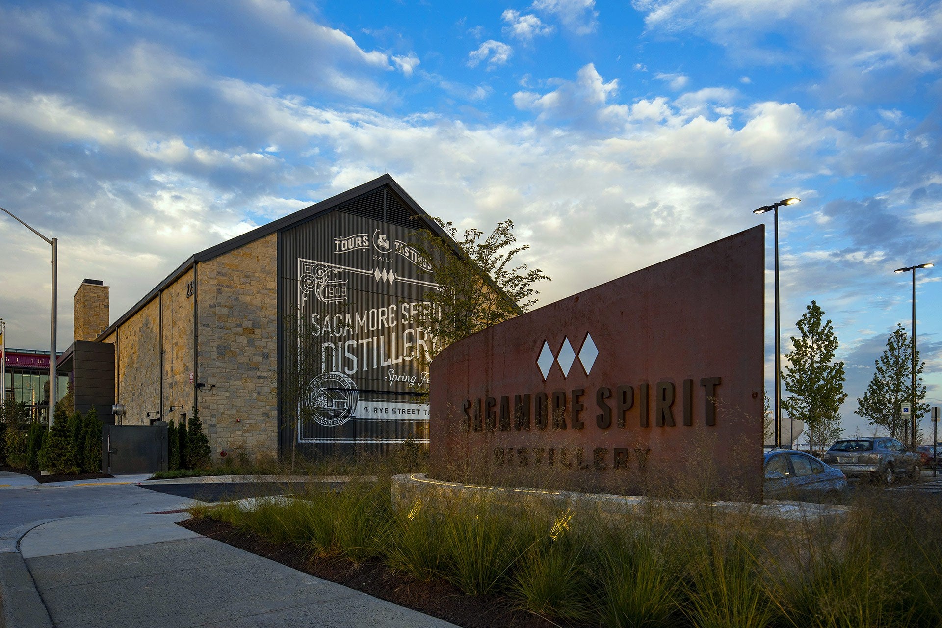 Sacramento Spirit Distillery building with sign against a blue sky