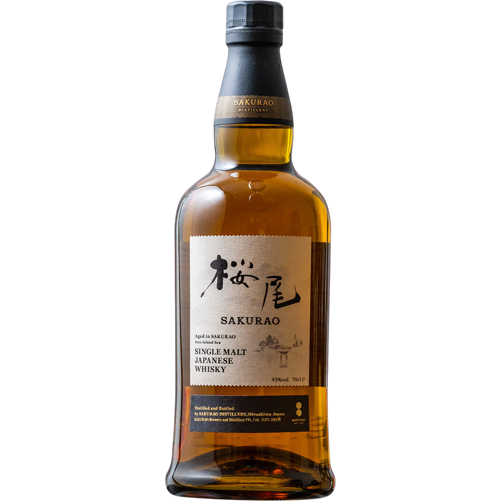A bottle of Sakurao Single Malt Japanese Whisky with a black cap, amber liquid, and a beige label bearing Japanese and English text highlights the elegance of Hiroshima whisky against a plain white background.