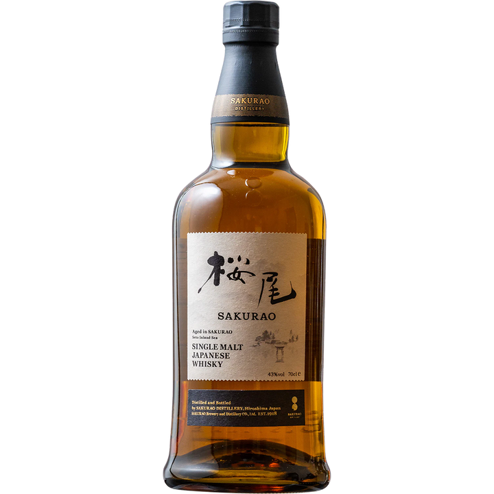 A bottle of Sakurao Single Malt Japanese Whisky with a black cap, amber liquid, and a beige label bearing Japanese and English text highlights the elegance of Hiroshima whisky against a plain white background.