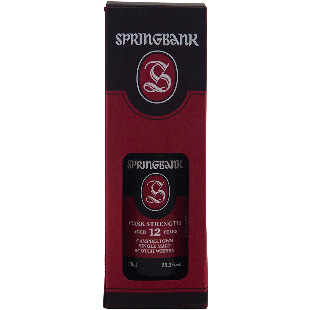A red and black box of Springbank 12 Year Old Cask Strength 55.3%, 70cl, with the iconic Springbank logo and branding on the front.