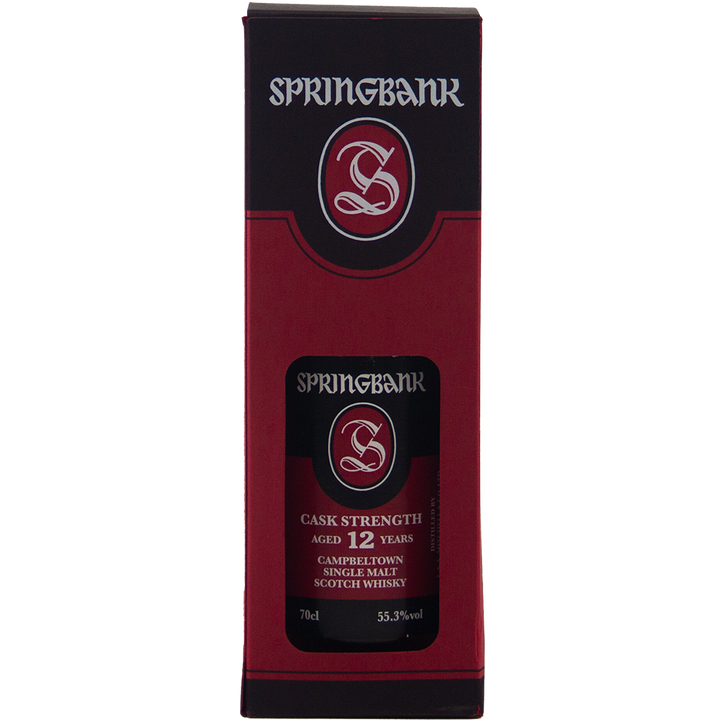 A red and black box of Springbank 12 Year Old Cask Strength 55.3%, 70cl, with the iconic Springbank logo and branding on the front.