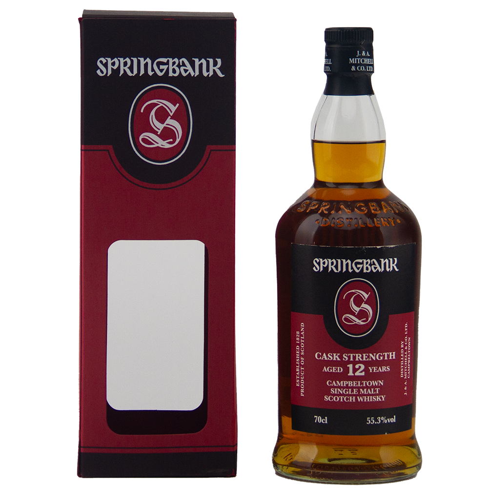 A bottle of Springbank 12 Year Old Cask Strength 55.3% sits beside its box.