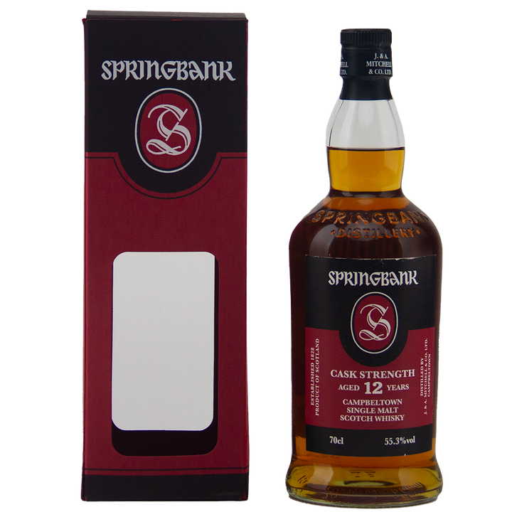 A bottle of Springbank 12 Year Old Cask Strength 55.3% sits beside its box.