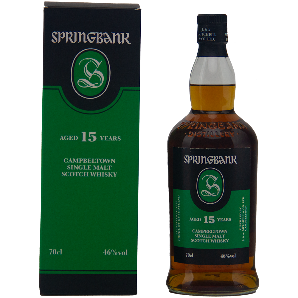 A bottle of Springbank 15 Year Old Single Malt Whisky, matured in ex-Sherry casks, is shown with its green and black box. The label states 46% ABV and a 70cl size.