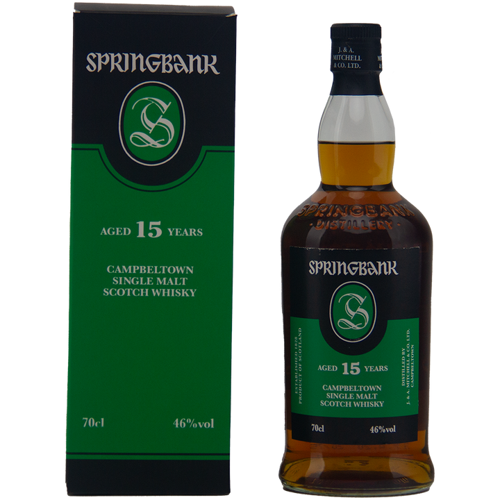 A bottle of Springbank 15 Year Old Single Malt Whisky, matured in ex-Sherry casks, is shown with its green and black box. The label states 46% ABV and a 70cl size.
