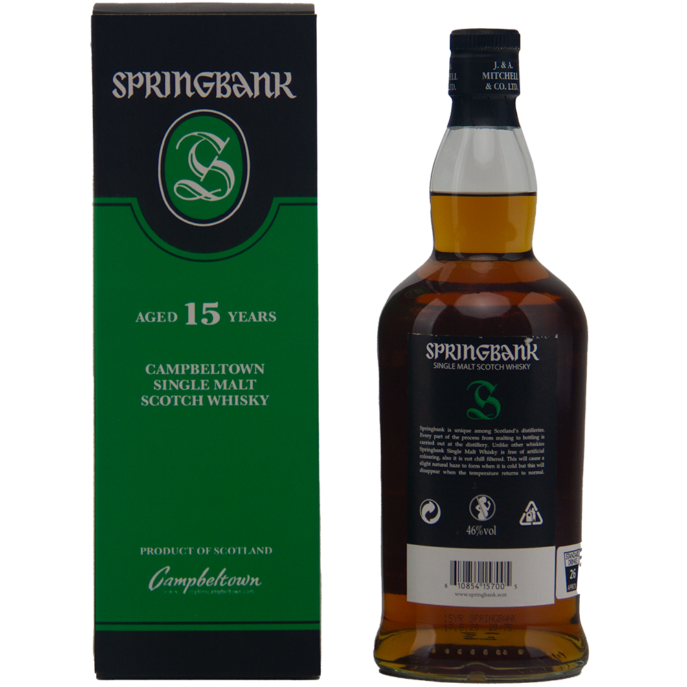 A bottle of Springbank 15 Year Old Single Malt Whisky stands beside its green and black box, both featuring the brand name and highlighting its ex-Sherry cask maturation.