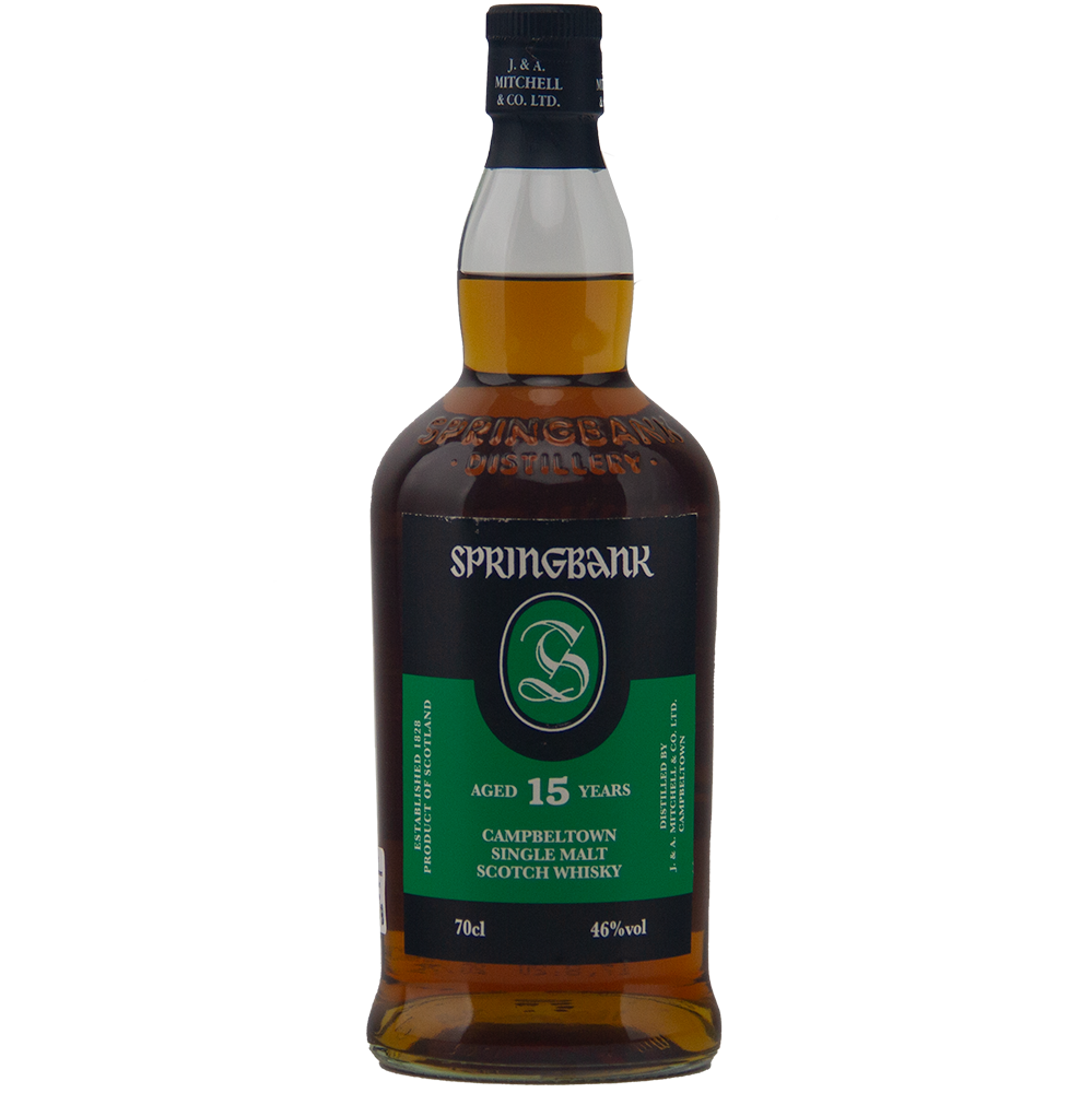 Springbank 15 Year Old Single Malt Whisky from Campbeltown, matured in ex-Sherry casks, features a green and black label, comes in a 70cl bottle, and is bottled at 46% ABV.