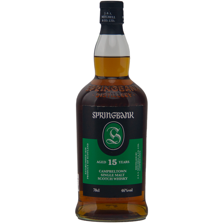 Springbank 15 Year Old Single Malt Whisky from Campbeltown, matured in ex-Sherry casks, features a green and black label, comes in a 70cl bottle, and is bottled at 46% ABV.