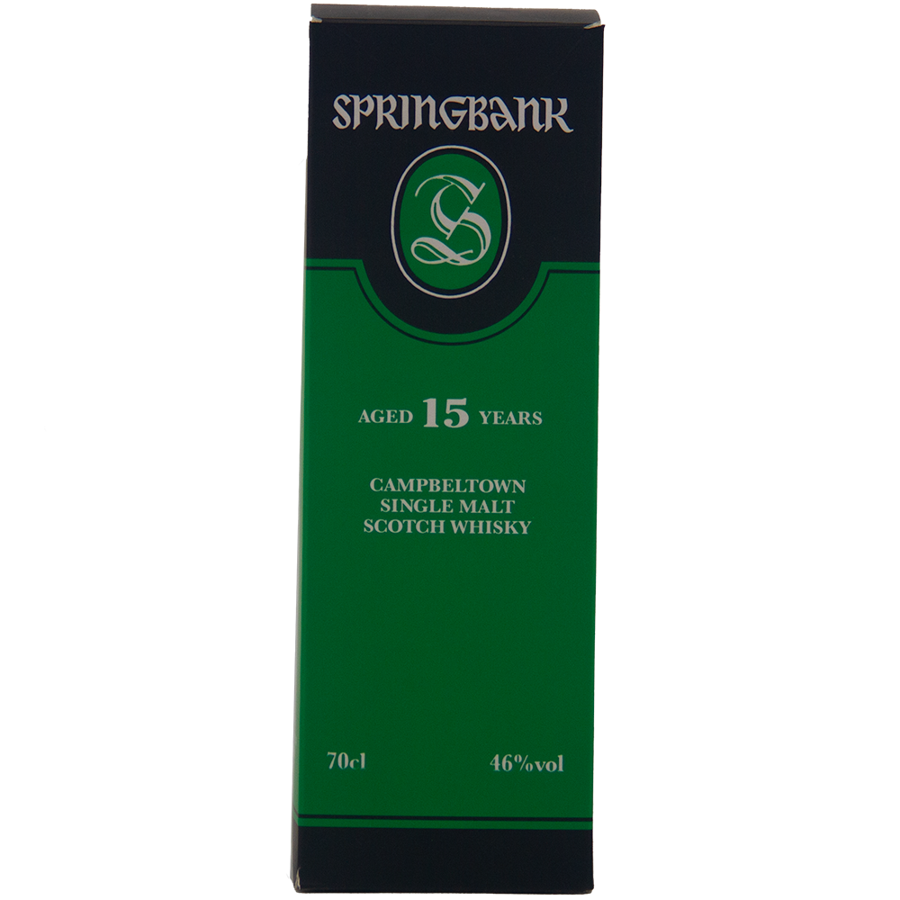 A green and black box of Springbank 15 Year Old Single Malt Whisky, 70cl, 46% ABV, matured in ex-Sherry casks for rich, complex flavor with gold and white text.