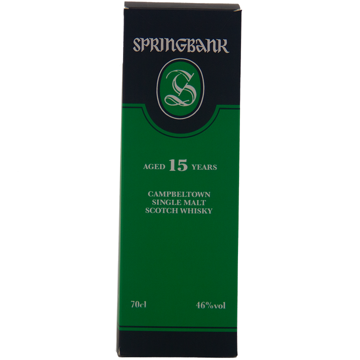 A green and black box of Springbank 15 Year Old Single Malt Whisky, 70cl, 46% ABV, matured in ex-Sherry casks for rich, complex flavor with gold and white text.