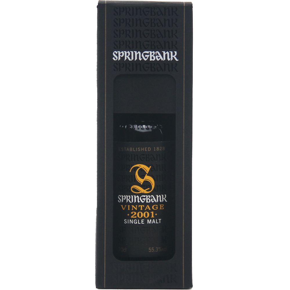 A boxed bottle of Springbank Vintage 2001 Single Malt Scotch Whisky, with black packaging, gold and white text, and a window showcasing the bottle inside.