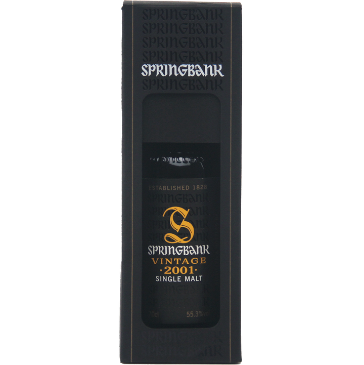 A boxed bottle of Springbank Vintage 2001 Single Malt Scotch Whisky, with black packaging, gold and white text, and a window showcasing the bottle inside.