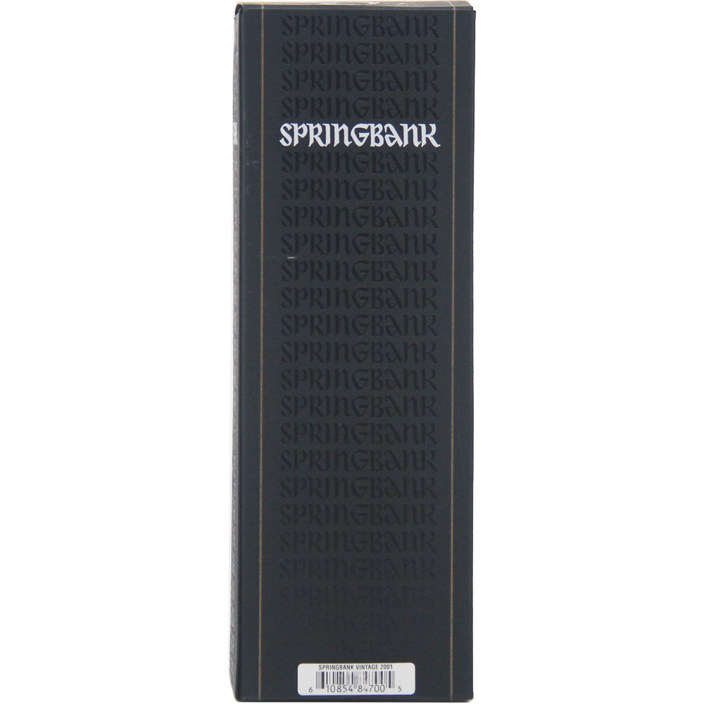 A black box with white text encases the exquisite Springbank Vintage 2001 Single Malt Scotch Whisky.