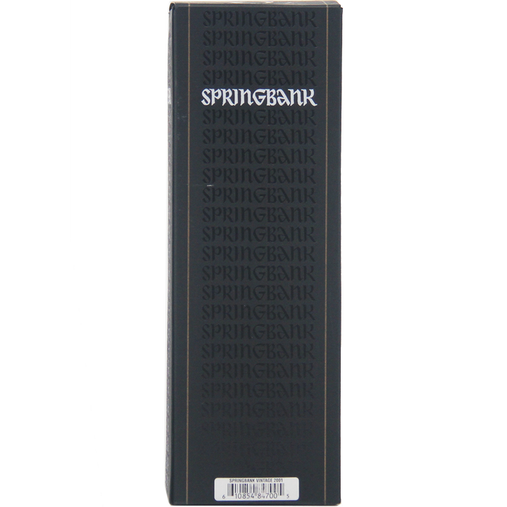 A black box with white text encases the exquisite Springbank Vintage 2001 Single Malt Scotch Whisky.