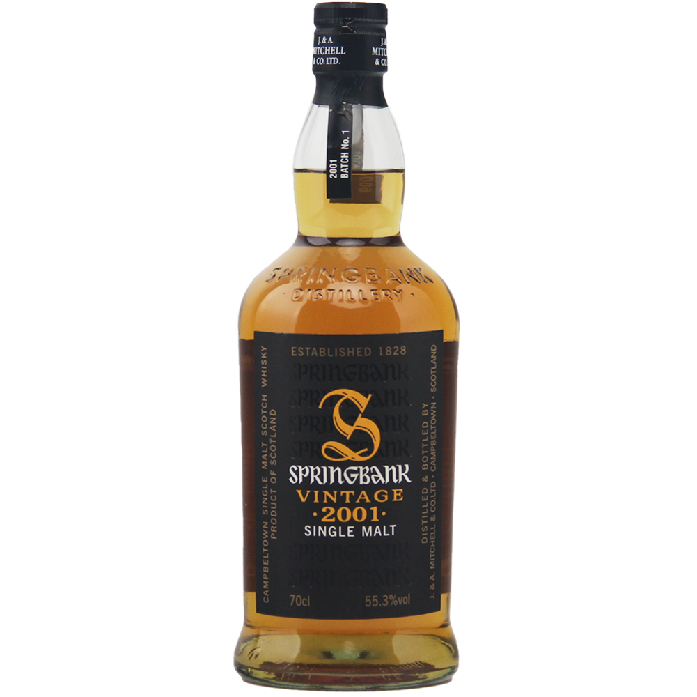 A 70cl bottle of Springbank Vintage 2001 Single Malt Scotch Whisky, cask strength at 55.3% ABV, featuring a black and gold label.