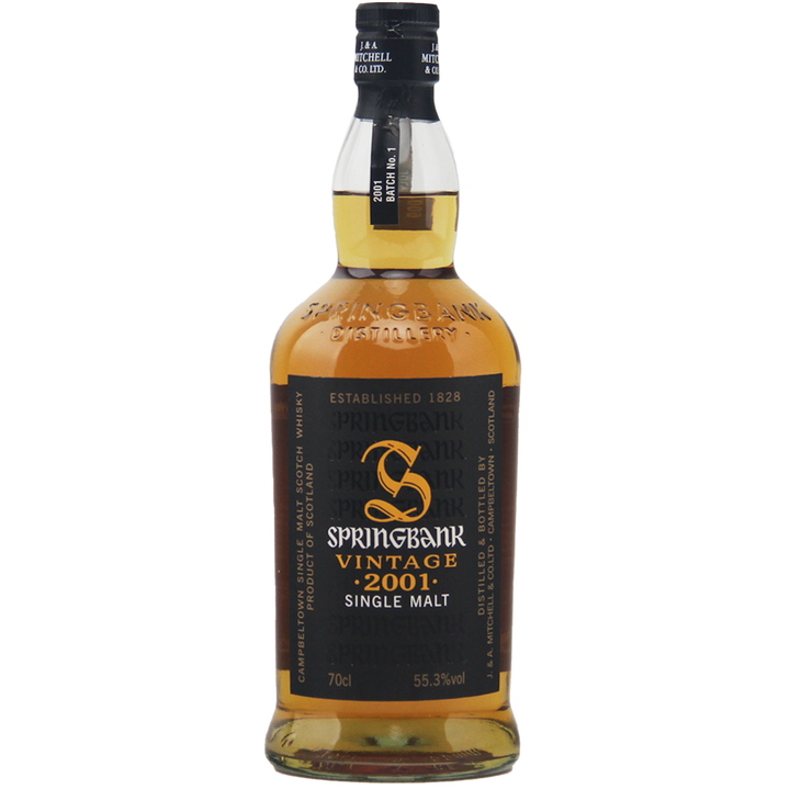 A 70cl bottle of Springbank Vintage 2001 Single Malt Scotch Whisky, cask strength at 55.3% ABV, featuring a black and gold label.