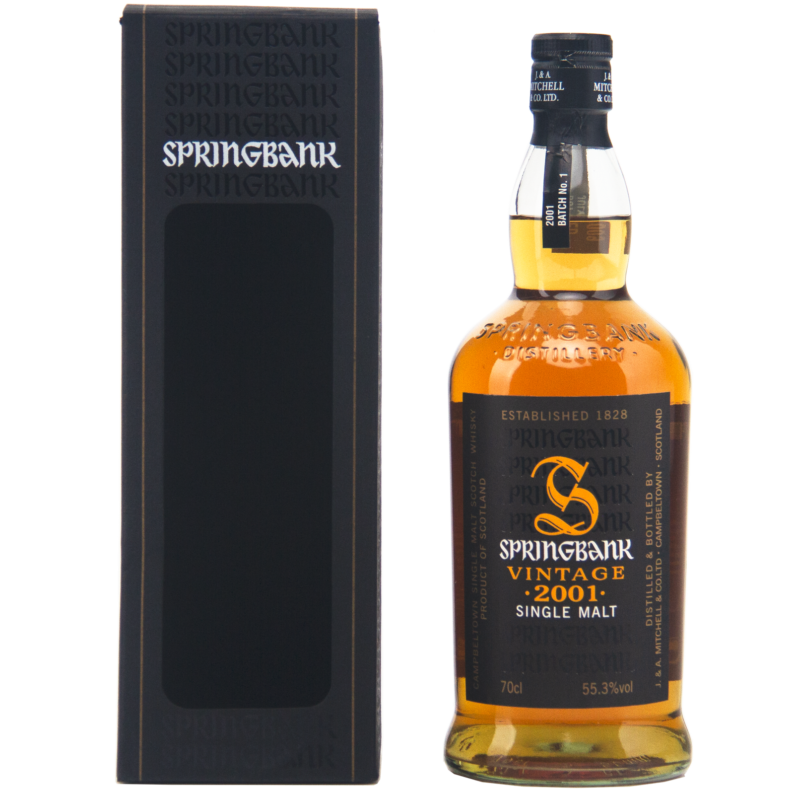 A bottle of alcohol beside a box with Springbank Vintage 2001 Single Malt Scotch Whisky in the background, featuring hints of cask strength single malt Scotch.
