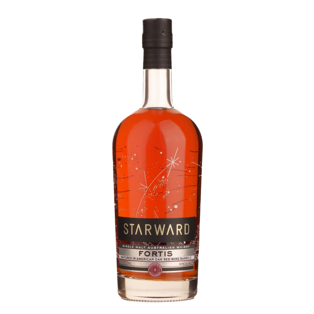 A bottle of Starward Fortis Australian Single Malt Whisky with a black cap and a dark label accented in gold and red, set against a plain white background. Matured in red wine barrels, this whisky delivers rich, bold flavors.