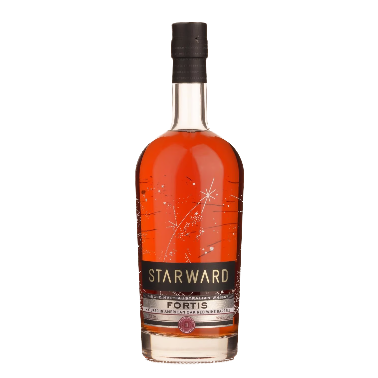 A bottle of Starward Fortis Australian Single Malt Whisky with a black cap and a dark label accented in gold and red, set against a plain white background. Matured in red wine barrels, this whisky delivers rich, bold flavors.