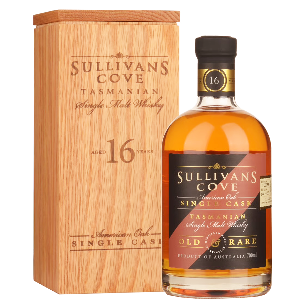 A bottle of Sullivans Cove 16 Year Old Old & Rare American Oak TD0066 Single Malt Whisky stands next to its matching wooden box engraved with the same branding and details.