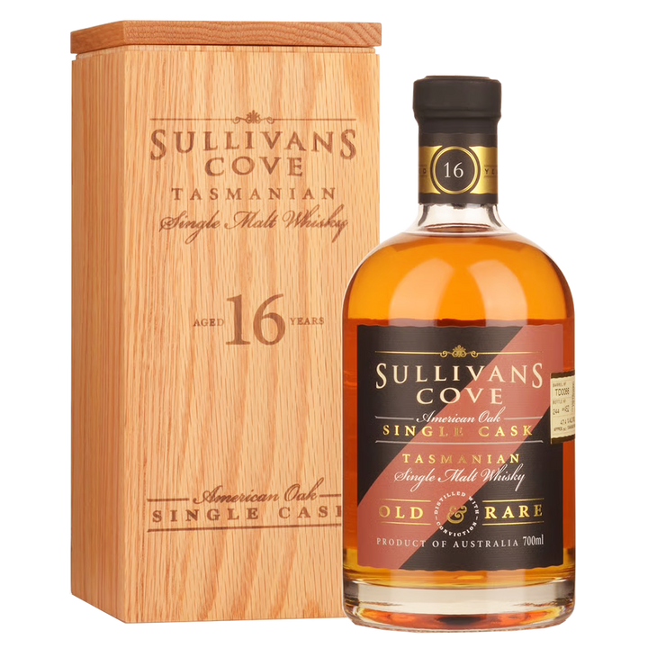 A bottle of Sullivans Cove 16 Year Old Old & Rare American Oak TD0066 Single Malt Whisky stands next to its matching wooden box engraved with the same branding and details.