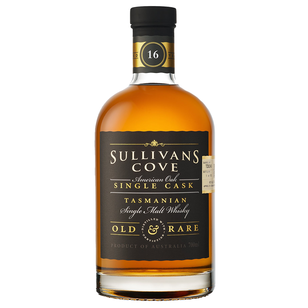 A 700ml bottle of Sullivans Cove 16 Year Old Old & Rare American Oak TD0066 Single Malt Whisky, featuring a gold and black label and seal, with rich amber liquid inside.