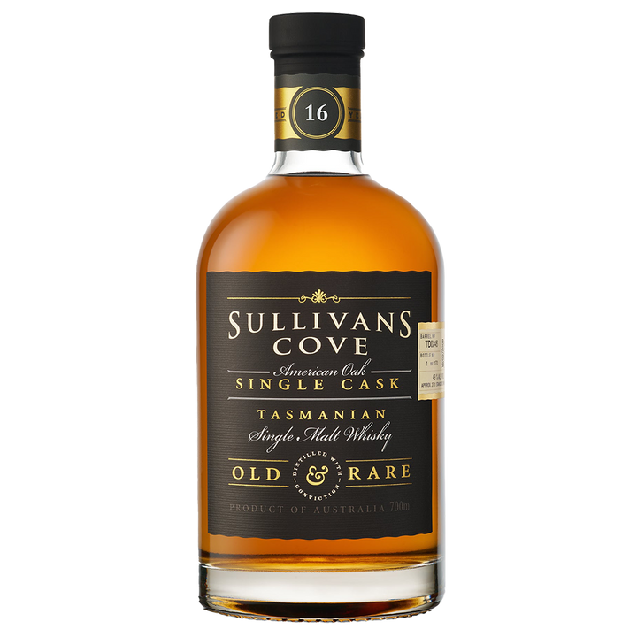 A 700ml bottle of Sullivans Cove 16 Year Old Old & Rare American Oak TD0066 Single Malt Whisky, featuring a gold and black label and seal, with rich amber liquid inside.