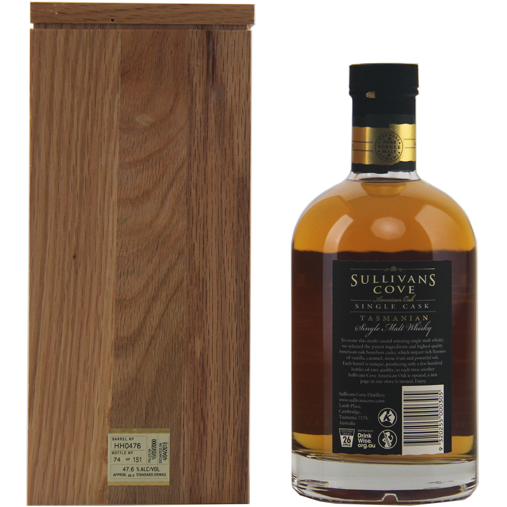 A wooden box stands next to a bottle of Sullivans Cove 17 Year Old Cask HH0476, matured in an American oak ex-bourbon cask, displaying the back label with product details and a gold foil seal on the cap.