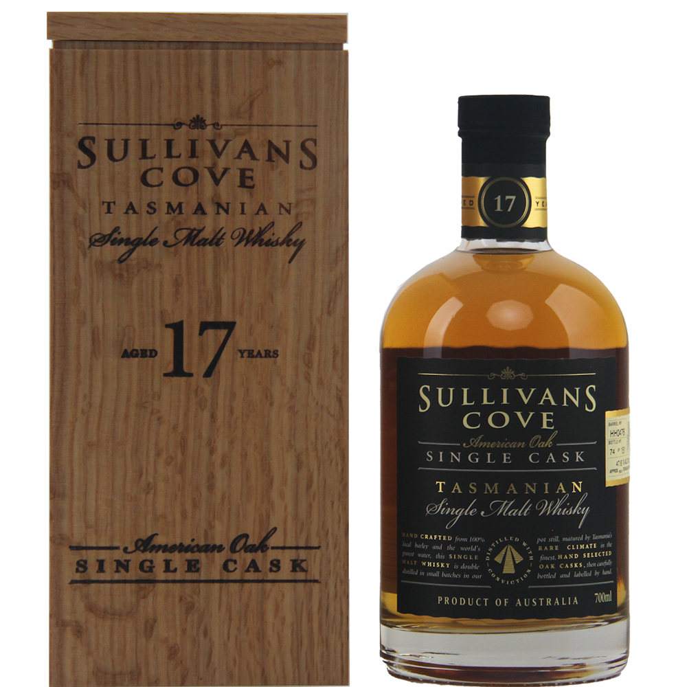 A bottle of Sullivans Cove 17 Year Old Cask HH0476 whisky, matured in American oak ex-bourbon, stands by its wooden box; both display elegant black and gold labels.