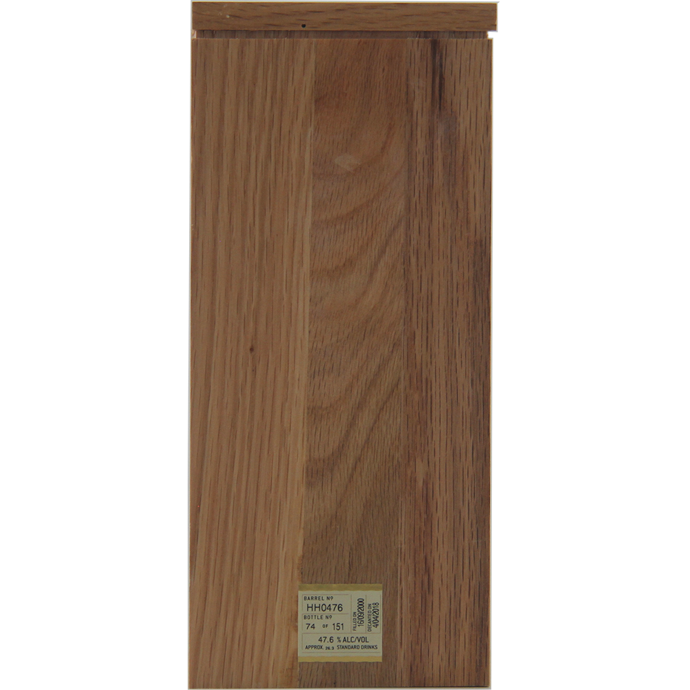 A rectangular sample of wooden flooring with natural brown grain, reminiscent of American oak ex-bourbon cask aging, features a small label at the bottom displaying: Sullivans Cove 17 Year Old Cask HH0476.
