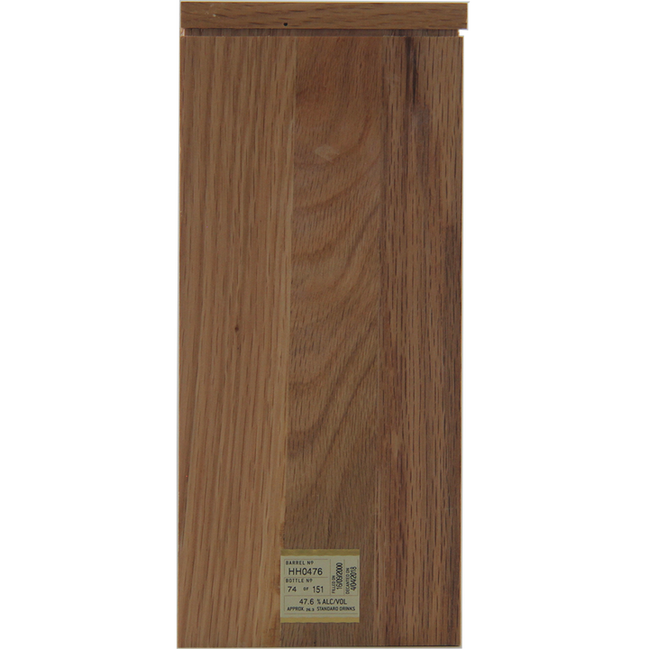 A rectangular sample of wooden flooring with natural brown grain, reminiscent of American oak ex-bourbon cask aging, features a small label at the bottom displaying: Sullivans Cove 17 Year Old Cask HH0476.