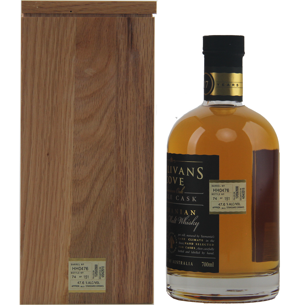 A bottle of Sullivans Cove 17 Year Old Cask HH0476, matured in American oak ex-bourbon cask, stands beside its wooden box. The black-capped bottle has a tan label and displays rich amber whisky inside.