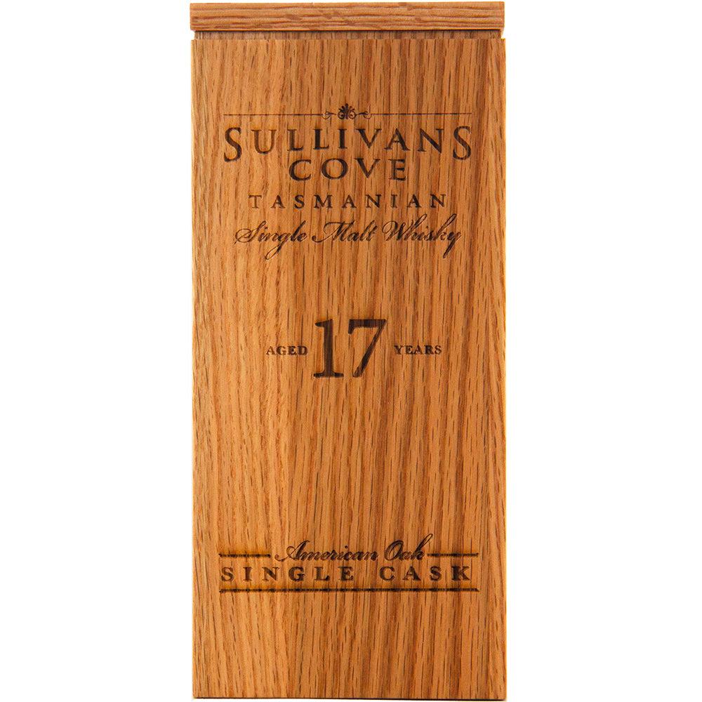 A wooden box lid engraved with Sullivan's Cove 17yo Old & Rare TD0101 2nd Fill American Oak—a limited edition single malt whisky for true connoisseurs.
