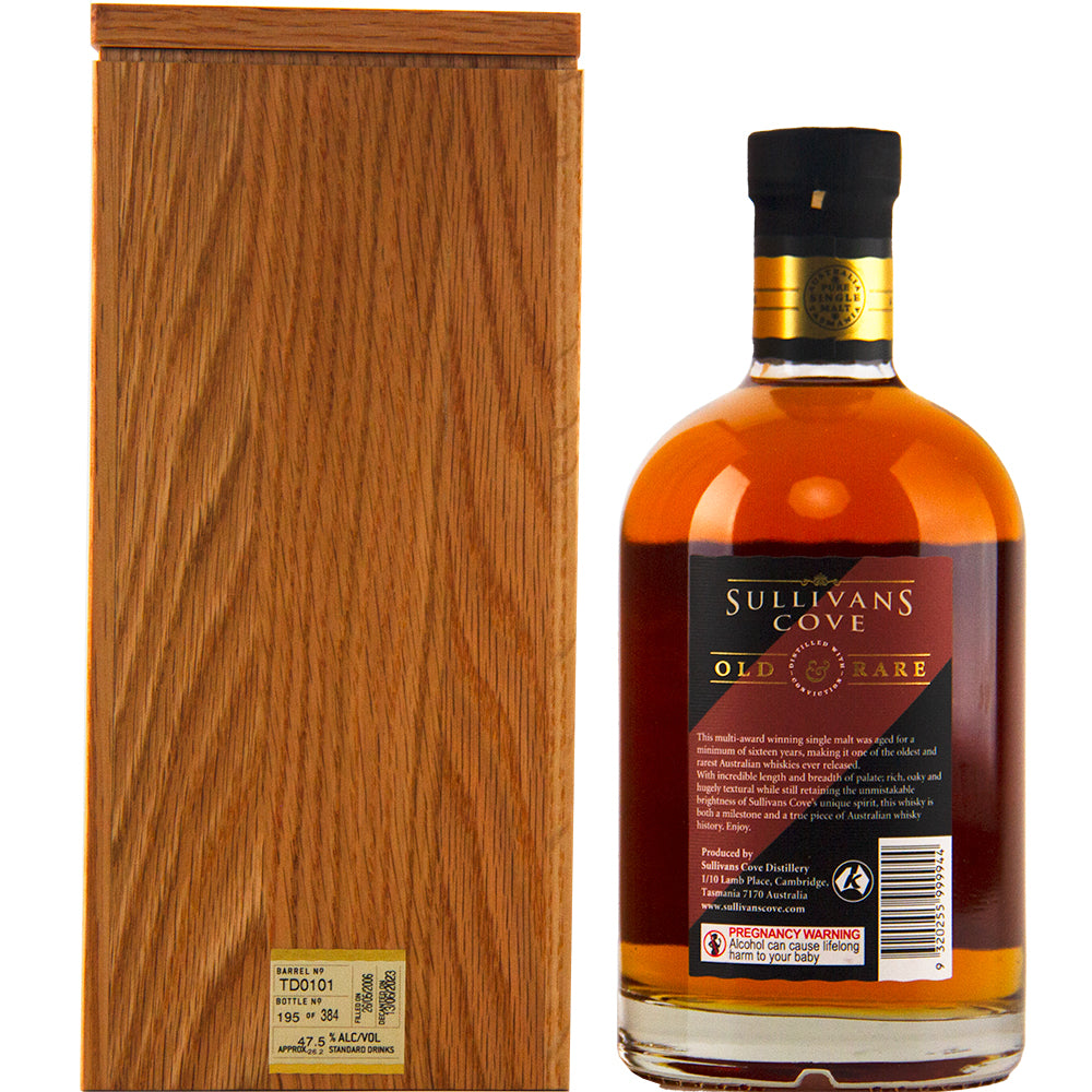 A bottle of Sullivan's Cove 17yo Old & Rare TD0101 2nd Fill American Oak with a dark cap, gold label, and amber liquid sits beside a tall wooden box—an exquisite limited edition Australian single malt whisky.