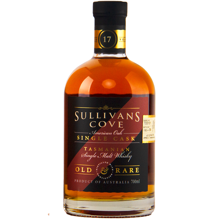 This limited edition Sullivan's Cove 17yo Old & Rare TD0101 2nd Fill American Oak boasts a black and gold label, black cap, and holds 700ml of exceptional Tasmanian single malt whisky.
