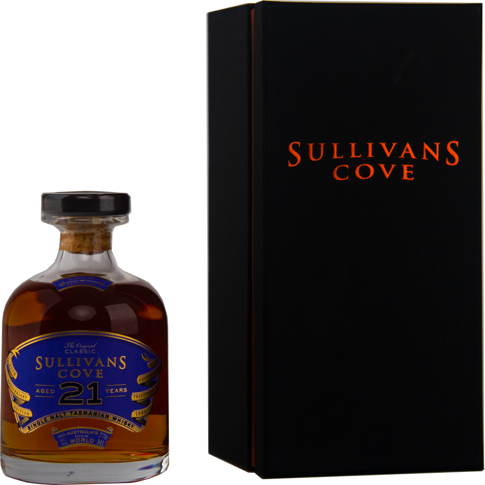 A bottle of Sullivans Cove 21 Year Old Single Malt Whisky with a blue and gold label is placed beside its tall black presentation box, which features "Sullivans Cove" in orange text.