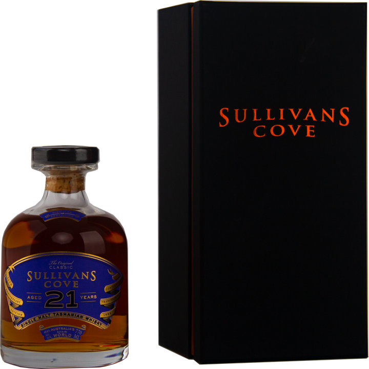 A bottle of Sullivans Cove 21 Year Old Single Malt Whisky with a blue and gold label is placed beside its tall black presentation box, which features "Sullivans Cove" in orange text.