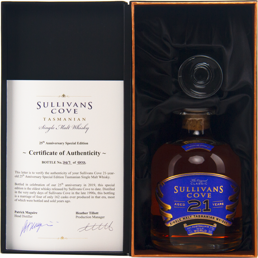 A box with a Sullivans Cove 21 Year Old Single Malt Whisky bottle (blue and gold label) sits beside a certificate of authenticity for the 25th Anniversary Edition.