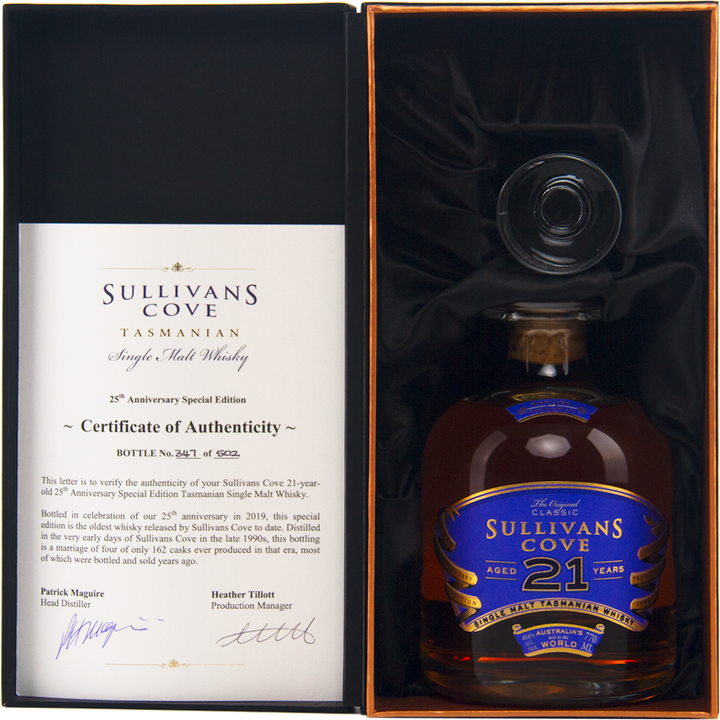 A box with a Sullivans Cove 21 Year Old Single Malt Whisky bottle (blue and gold label) sits beside a certificate of authenticity for the 25th Anniversary Edition.