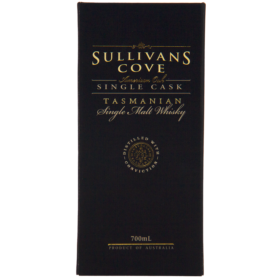 A black box with gold lettering presents the Sullivans Cove American Oak Ex-Bourbon Single Cask TD0353 700ml, product of Australia. Elegant script and a circular emblem highlight its unique heritage.