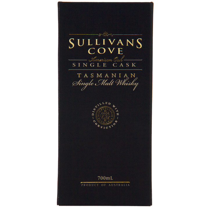 A black box with gold lettering presents the Sullivans Cove American Oak Ex-Bourbon Single Cask TD0353 700ml, product of Australia. Elegant script and a circular emblem highlight its unique heritage.