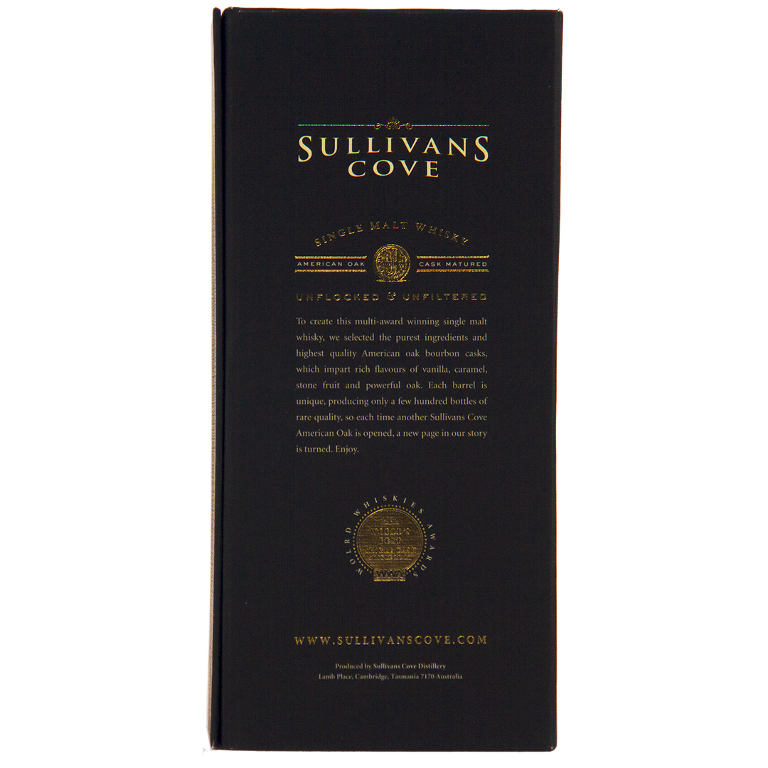 A black box with gold text and the Sullivans Cove logo showcases their renowned Tasmanian whisky, Sullivans Cove American Oak Ex-Bourbon Single Cask TD0353 700ml, highlighting its unique unfiltered process and brand story, with website and address at the bottom.