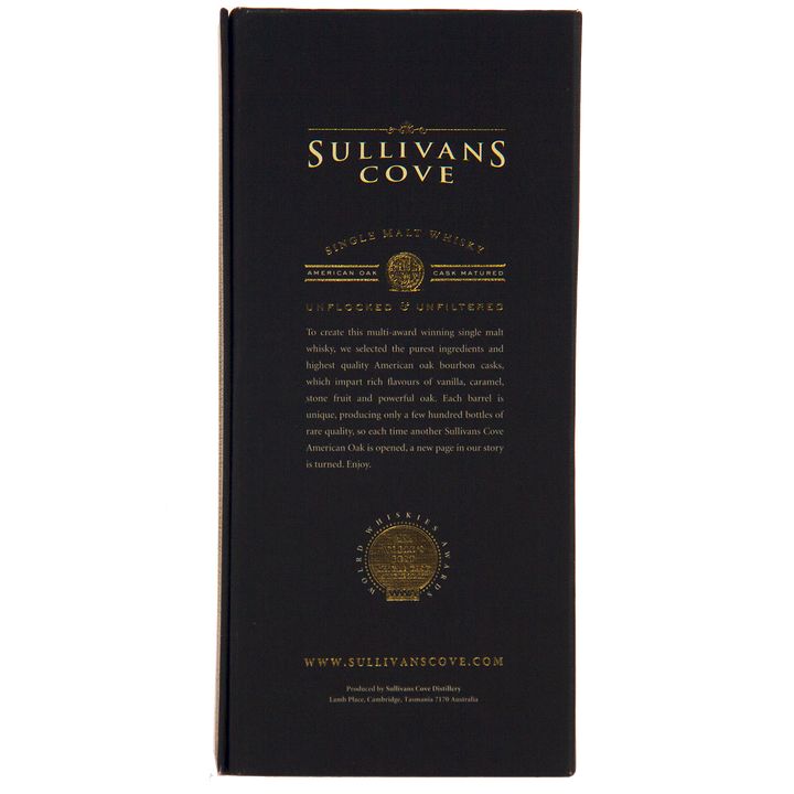 A black box with gold text and the Sullivans Cove logo showcases their renowned Tasmanian whisky, Sullivans Cove American Oak Ex-Bourbon Single Cask TD0353 700ml, highlighting its unique unfiltered process and brand story, with website and address at the bottom.