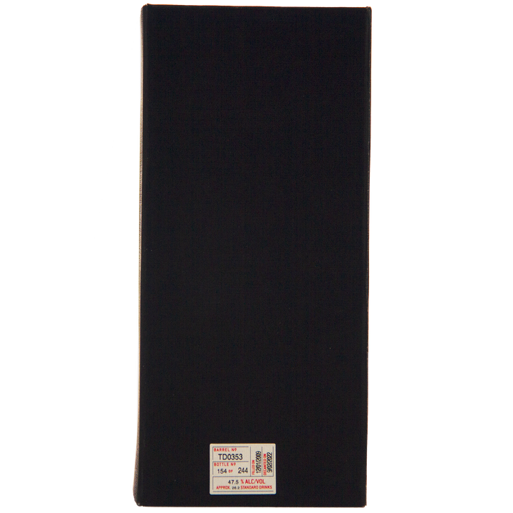 A tall, rectangular black box stands upright on a white background, featuring a small front label with red text that identifies it as Sullivans Cove American Oak Ex-Bourbon Single Cask TD0353 700ml whisky.