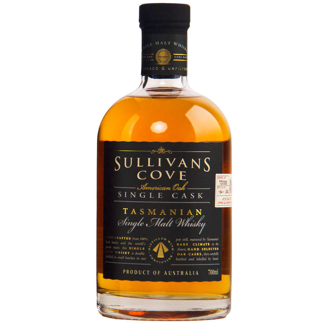 A bottle of Sullivans Cove American Oak Ex-Bourbon Single Cask TD0353 700ml features a black and gold label, black cap, and amber whisky—proudly presented as a premium Australian product.